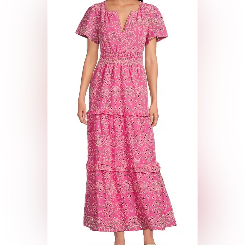 Sugarlips Hot Pink Eyelet-Print Tiered Maxi Dress